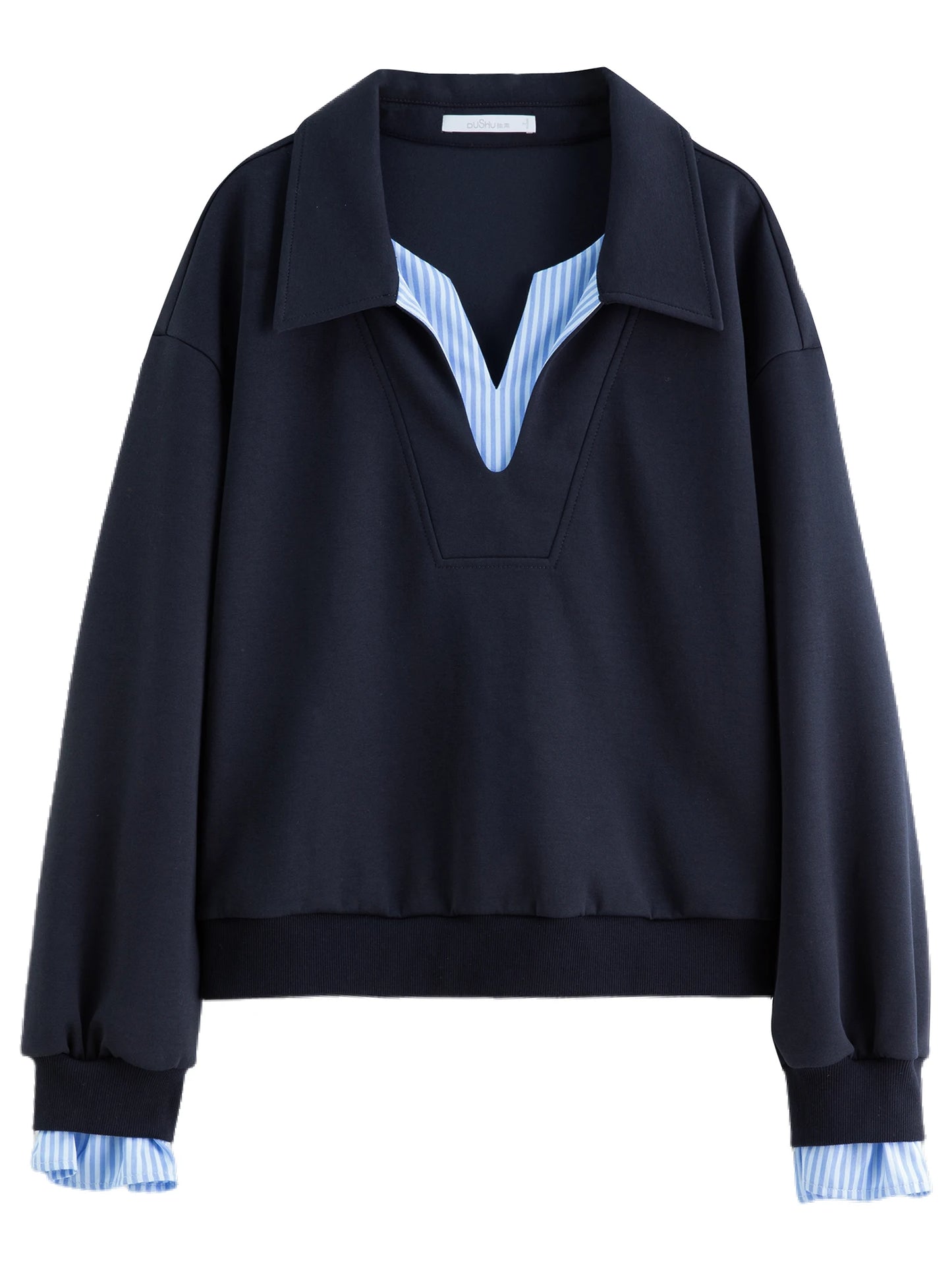 Plus Size Navy Blue Long Sleeve Top Skirt Fashion Set - Craftklart.store