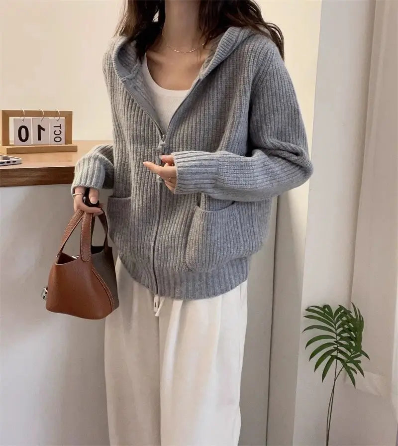 Loose 100% Wool Knitted Womens Hooded Cardigan