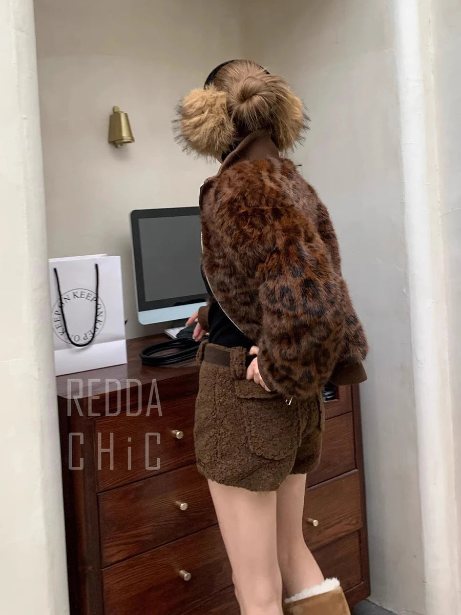Turtleneck Leopard Shaggy Bomber Jacket Women