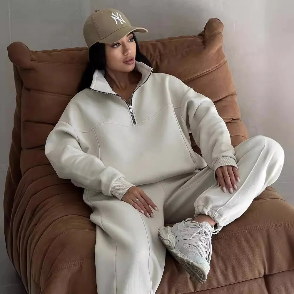 Autumn Women's Tracksuit with Zipper Cotton Oversize White Casual Two Piece Set Women Classic Sports Trouser Suits for Women - Premium from Craftklart.store - Just $26.49! Shop now at Craftklart.store