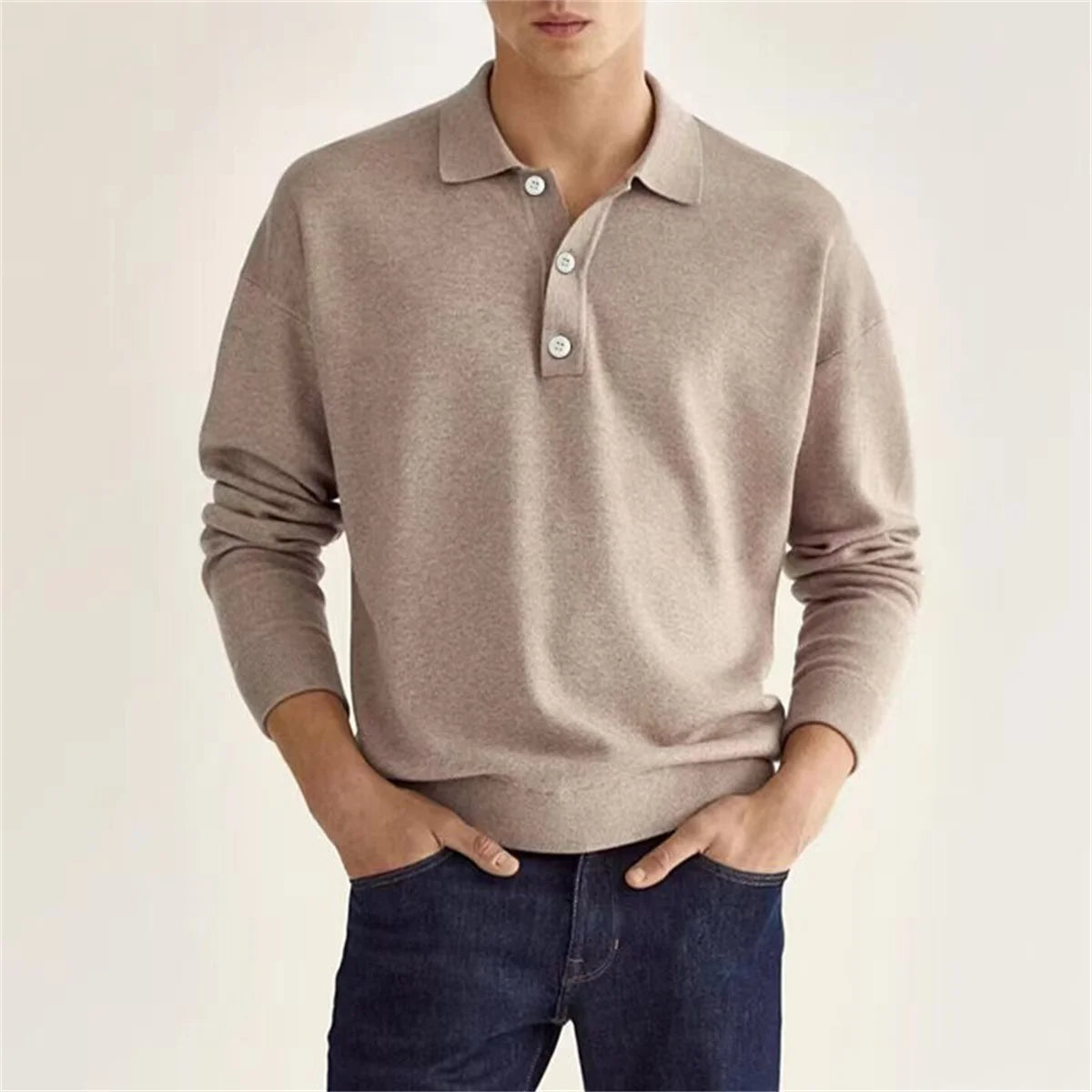 Men's Relaxed Breathable Solid Color Button V-Neck Long-Sleeved Polo Shirt - Premium Sweater from Craftklart.store - Just $14! Shop now at Craftklart.store