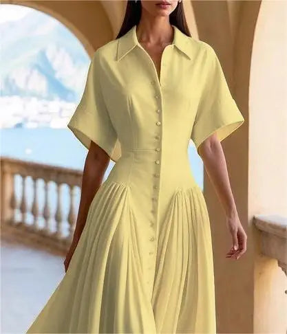 Women's High Waist Lapel Neck Short Sleeves Midi Dress - Premium Dress from Craftklart.store - Just $34.89! Shop now at Craftklart.store