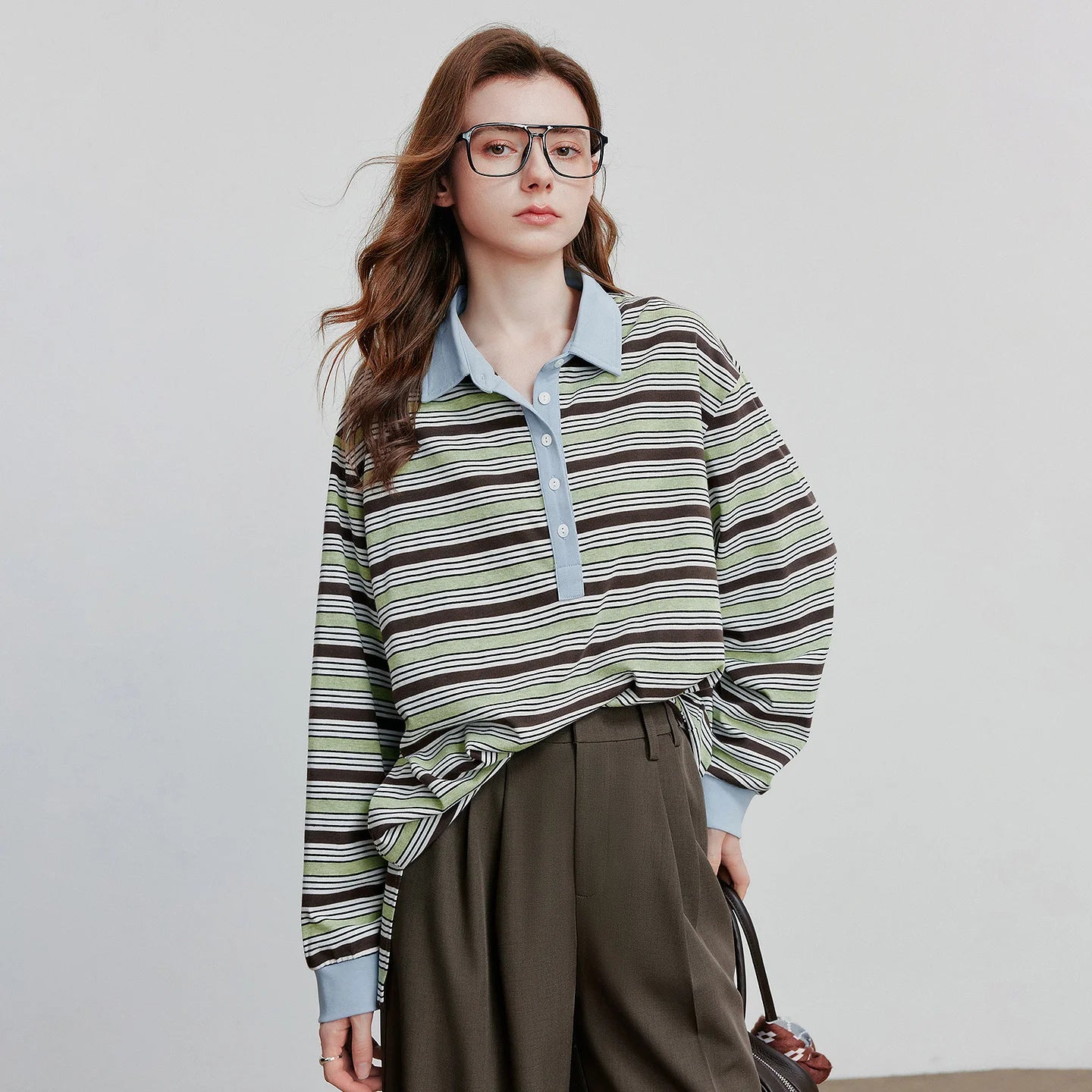 Striped Turn Down Collar Contrasting Casual Pullover Tops