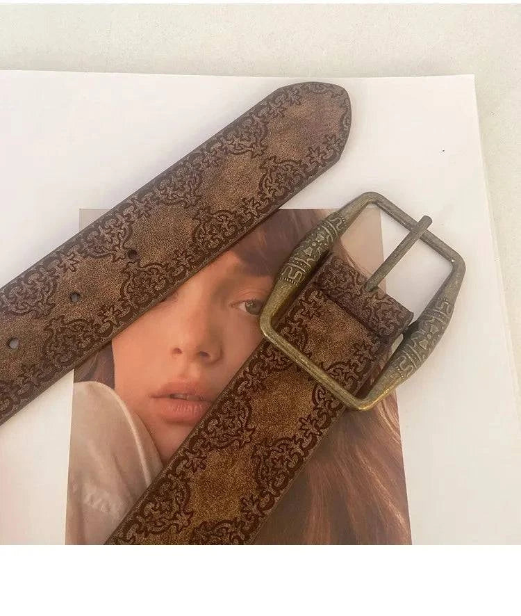 Pattern print buckle pin waist belt for women made of PU leather, featuring a stylish design and adjustable buckle.