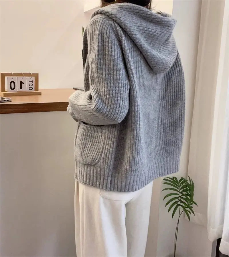 Loose 100% Wool Knitted Womens Hooded Cardigan