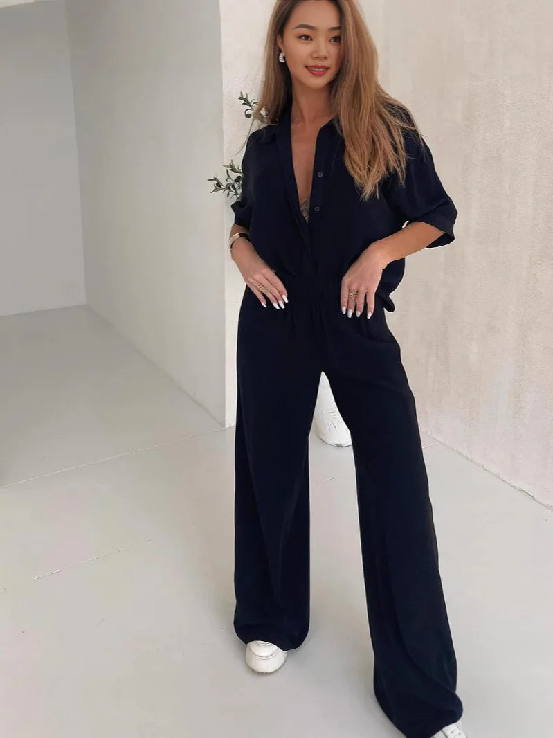 Loose Half Short Sleeve Blouse Shirt+Wide Leg Elastic Waist Long Pants Set