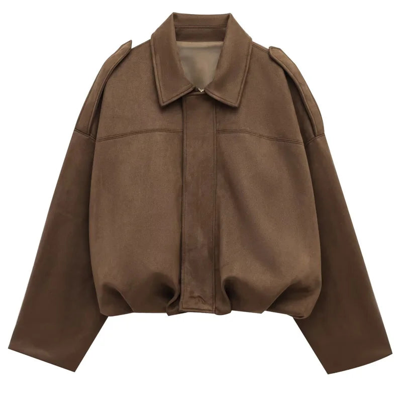 Women's Lapel Long Sleeve Zipper Suede Bomber Jacket
