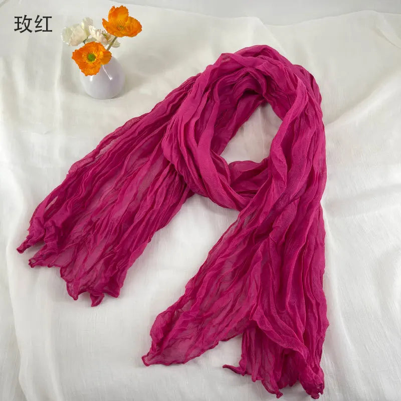 Women Soft Breathable Cotton and Linen Scarves Solid Color Pleated Scarf Retro Bohemian Style Long Wraps 180*90cm Multi Color