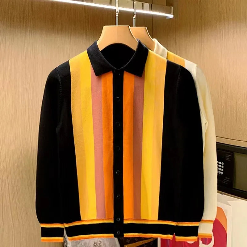 Men's British Style Vertical Stripe Long Sleeved Knitted Cardigan - Premium Cardigan from Craftklart Dropship - Just $28.49! Shop now at Craftklart.store