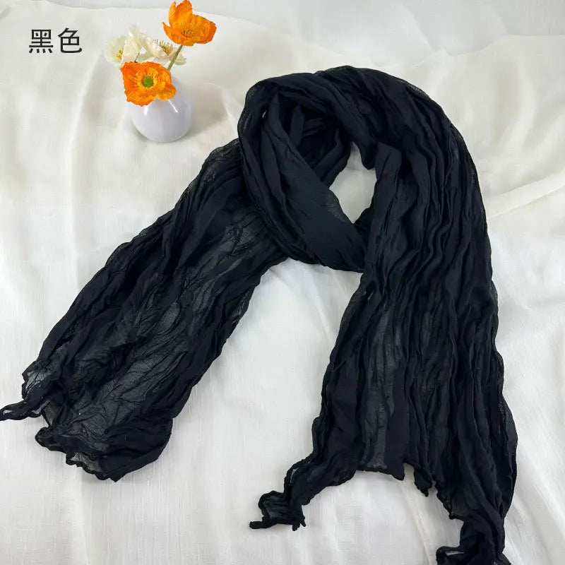 Women Soft Breathable Cotton and Linen Scarves Solid Color Pleated Scarf Retro Bohemian Style Long Wraps 180*90cm Multi Color