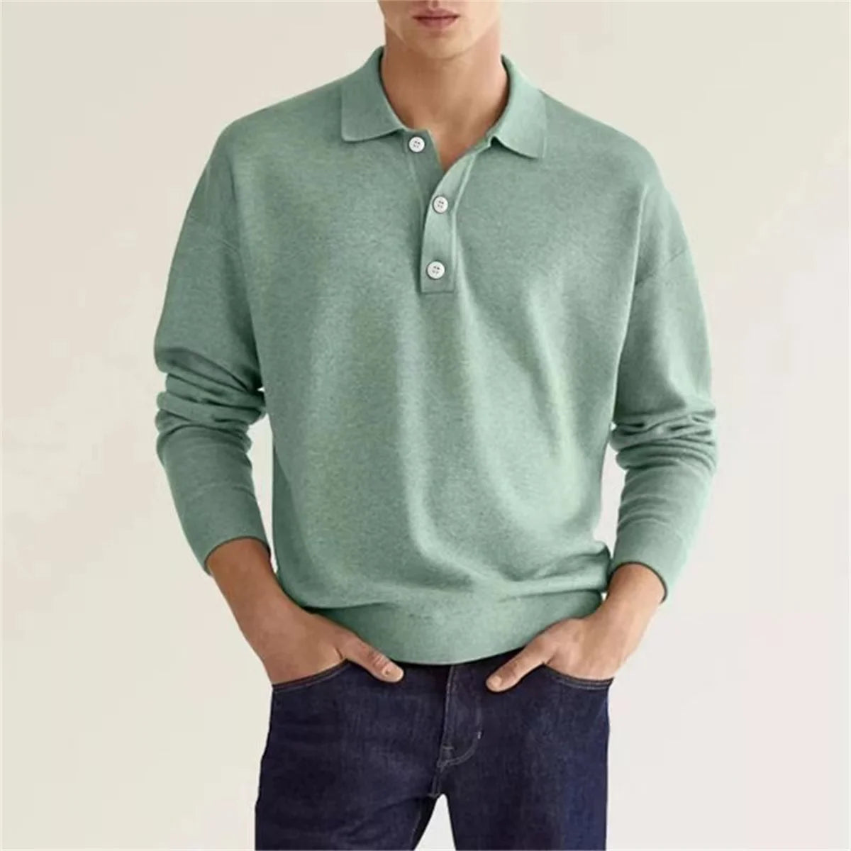 Men's Relaxed Breathable Solid Color Button V-Neck Long-Sleeved Polo Shirt - Premium Sweater from Craftklart.store - Just $14! Shop now at Craftklart.store