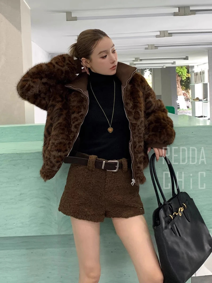 Turtleneck Leopard Shaggy Bomber Jacket Women