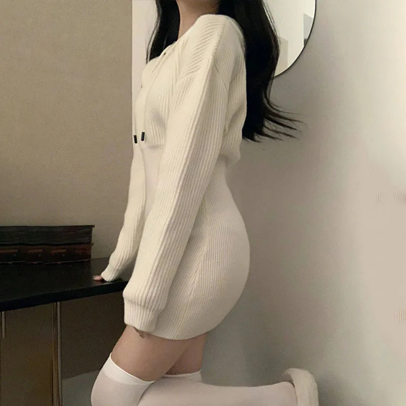 Woman White Knit Korean Elastic High Waist Mini Dresses