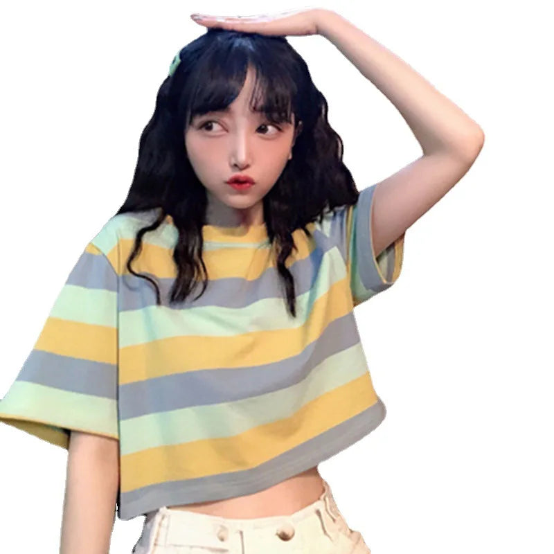 Woman's Casual O Neck Striped Short Sleeve Top - Premium T-Shirt from Craftklart Dropship - Just $6.89! Shop now at Craftklart.store
