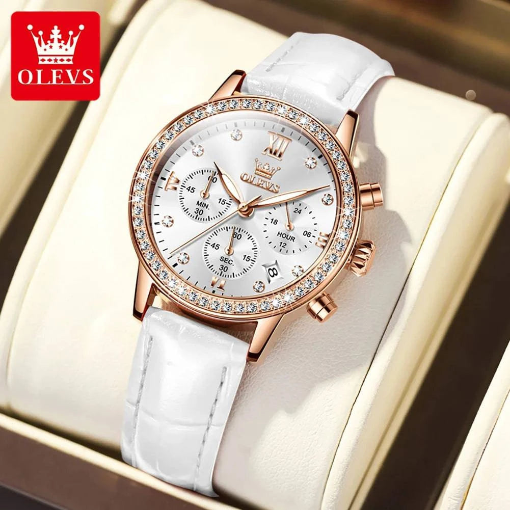 Women's diamond quartz waterproof wristwatch with luminous leather strap, featuring a sleek design and elegant craftsmanship.