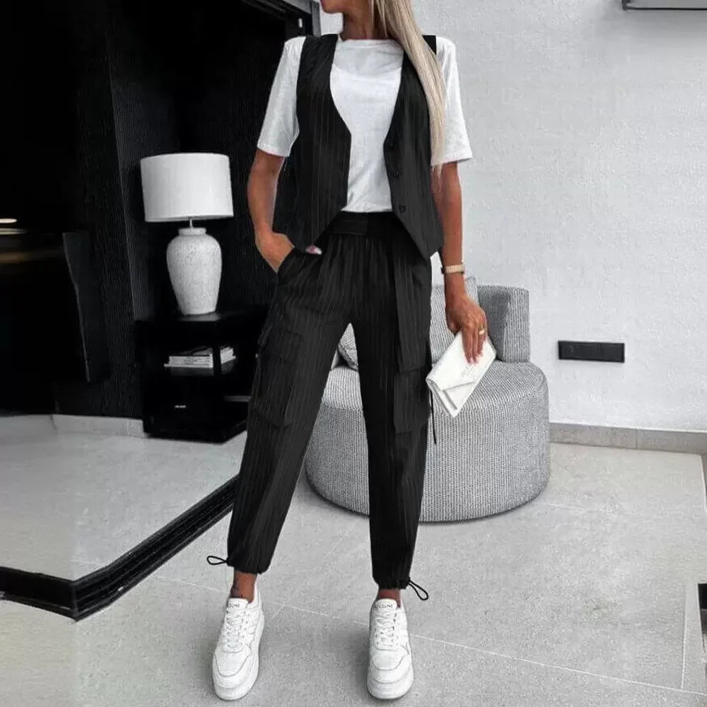 Women White Striped Sleeveless Vest Set - Premium Sets from Craftklart.store - Just $14.59! Shop now at Craftklart.store