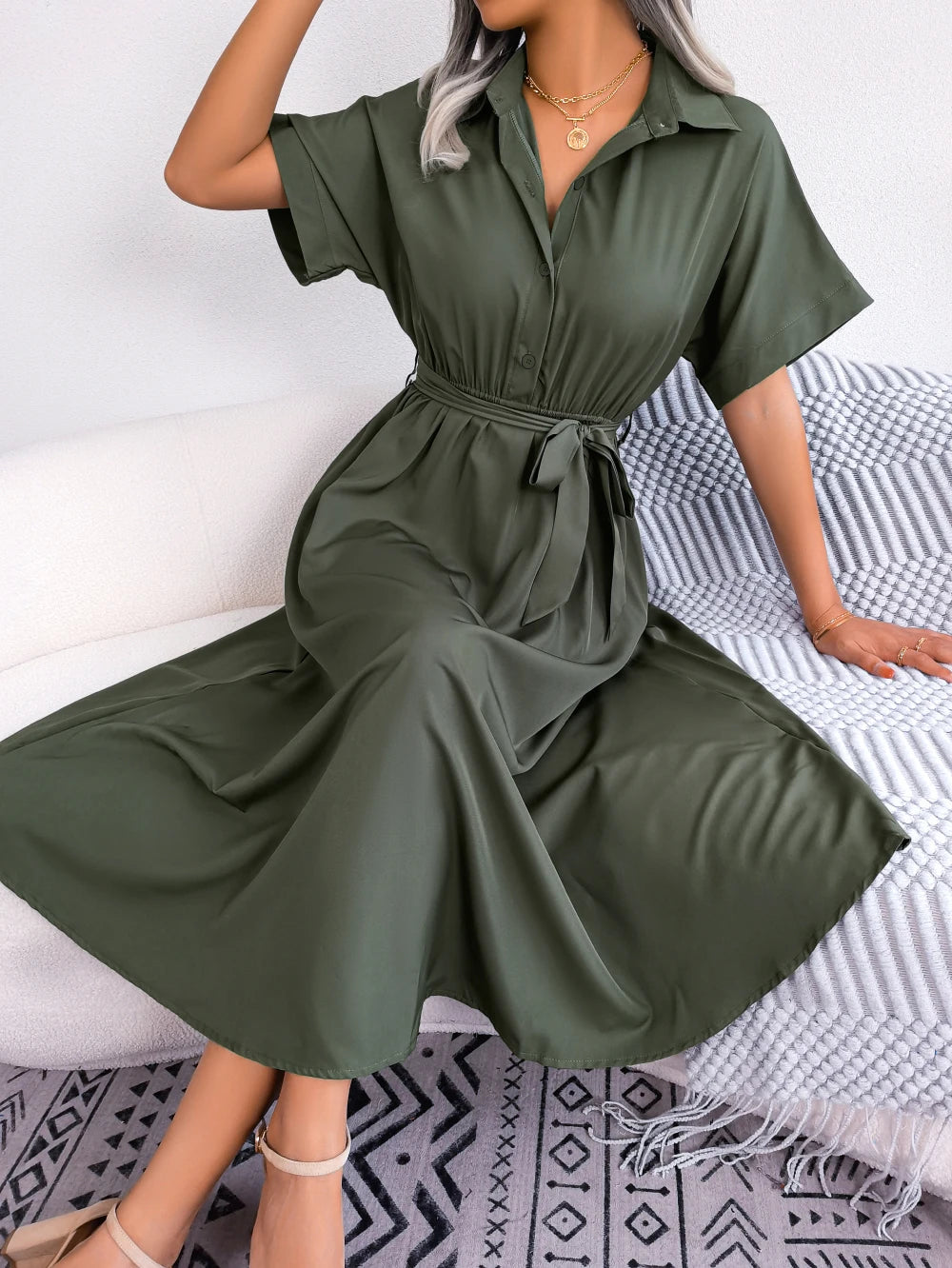 Women Summer Casual Short Sleeve Slim Waist Shirt Dress