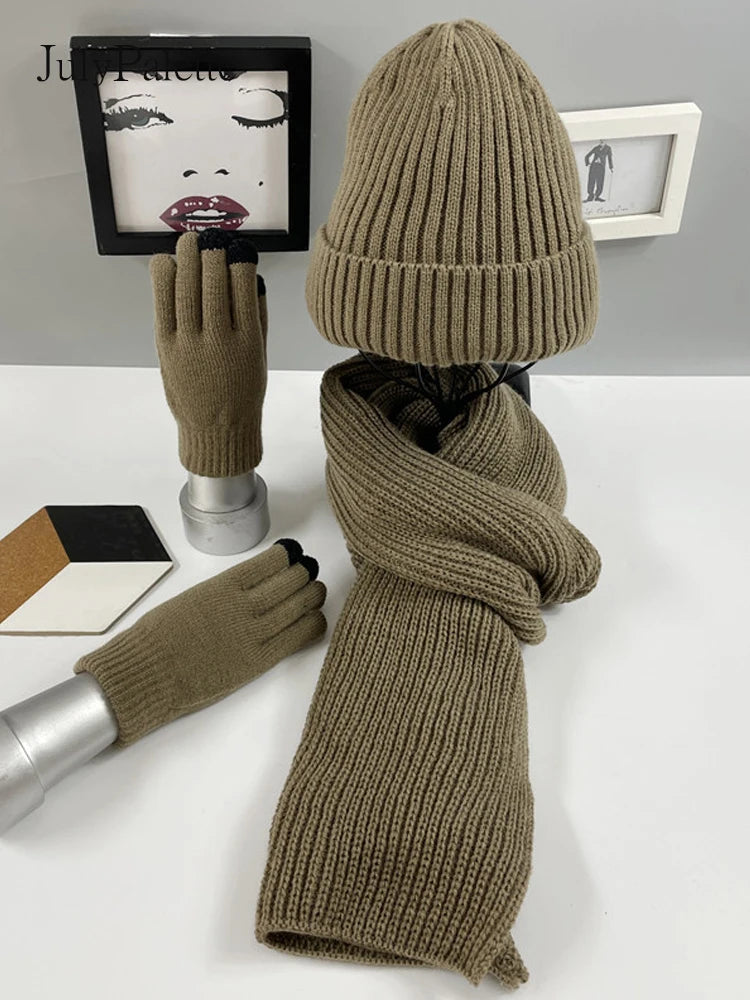 3Pcs Knitted Set Winter Warm Beanie Hat Long Scarf & Gloves - Craftklart.store