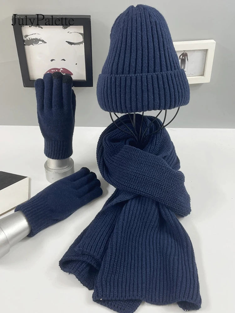 3Pcs Knitted Set Winter Warm Beanie Hat Long Scarf & Gloves - Craftklart.store