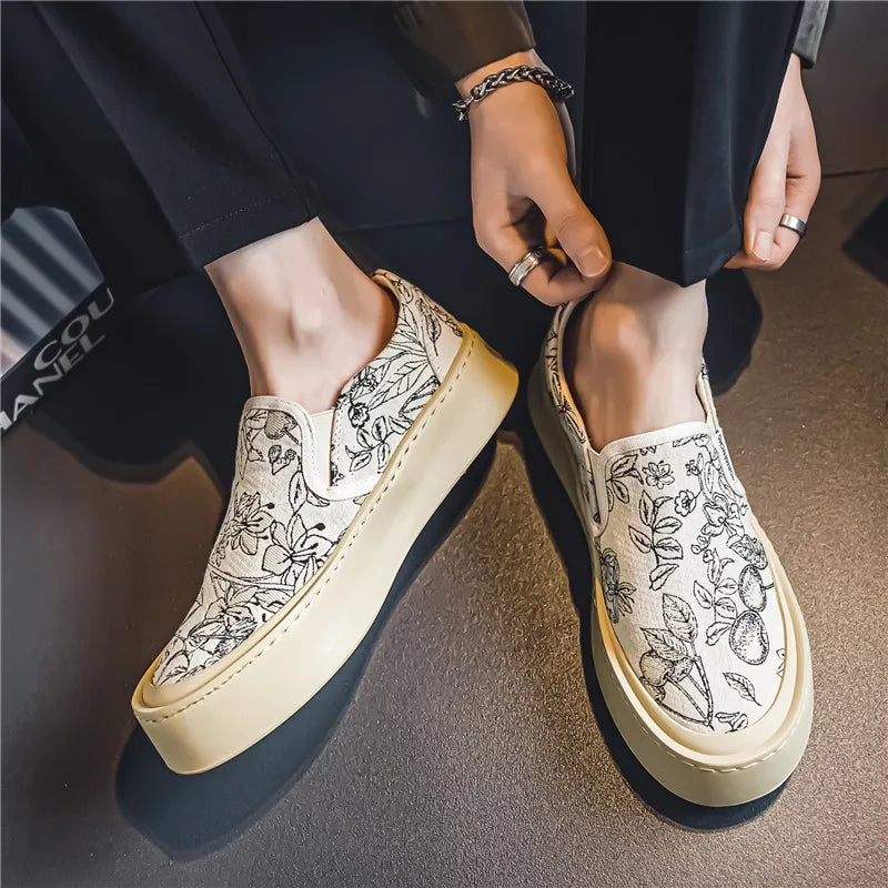 Men's Canvas Floral Thick Sole Loafers