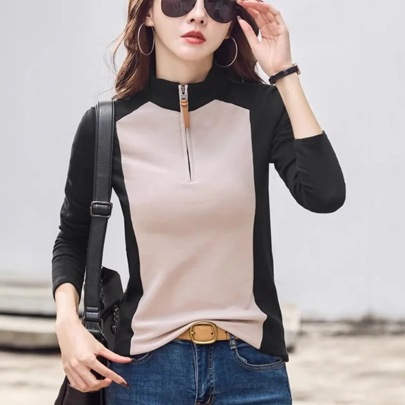 Korean Version High Neck Zipper Long Sleeved T-shirt for Women