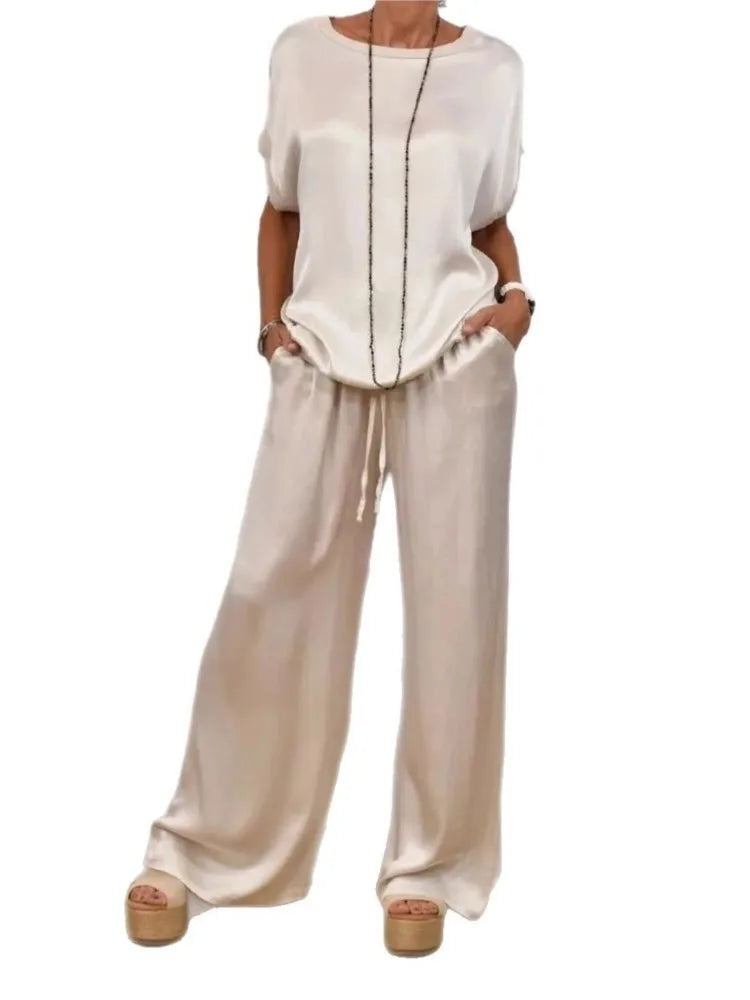 Women's Satin O-neck Short Sleeve Top + Wide Leg Pant Casual Loose Set - Premium Sets from Craftklart Dropship - Just $11.53! Shop now at Craftklart.store
