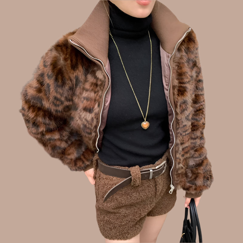 Turtleneck Leopard Shaggy Bomber Jacket Women
