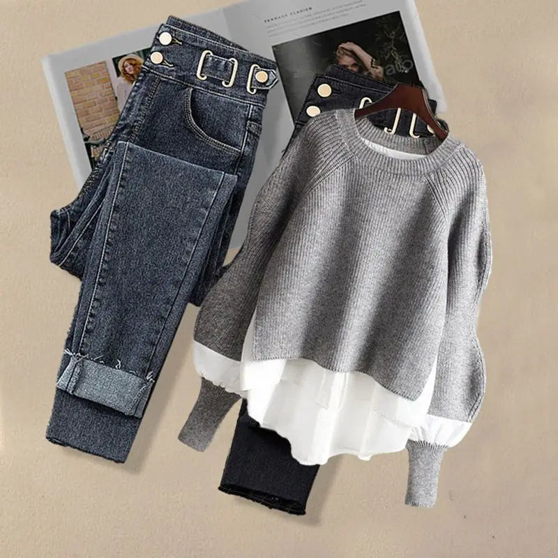 Women's Urban Jeans & Top Matching Korean Set - Premium Sets from Craftklart Dropship - Just $9.43! Shop now at Craftklart.store