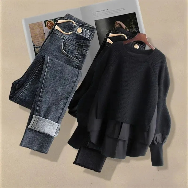 Women's Urban Jeans & Top Matching Korean Set - Premium Sets from Craftklart Dropship - Just $9.43! Shop now at Craftklart.store