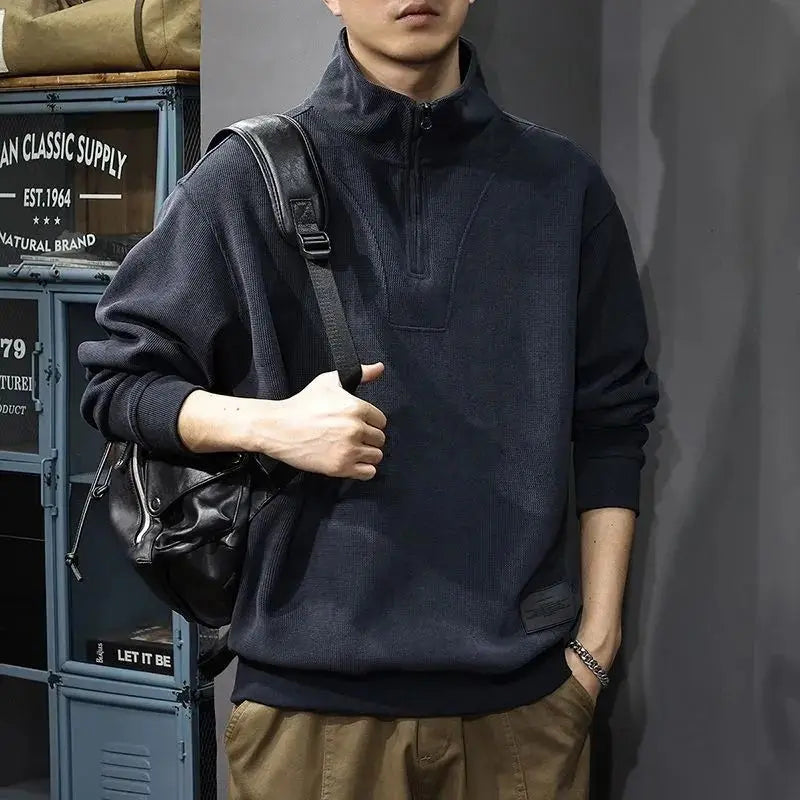 Men's Urban Street Styled Long-sleeved Half Zipper Polo Top
