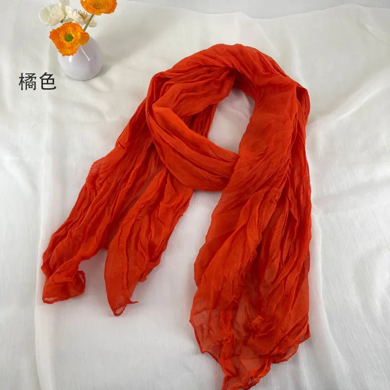 Women Soft Breathable Cotton and Linen Scarves Solid Color Pleated Scarf Retro Bohemian Style Long Wraps 180*90cm Multi Color