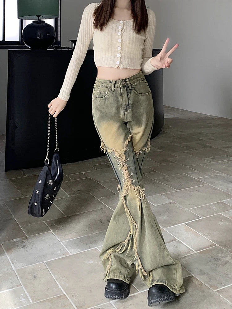 Low Rise Steampunk Flare Lace Up Denim Jeans - Premium Jeans from Craftklart Dropship - Just $32.33! Shop now at Craftklart.store