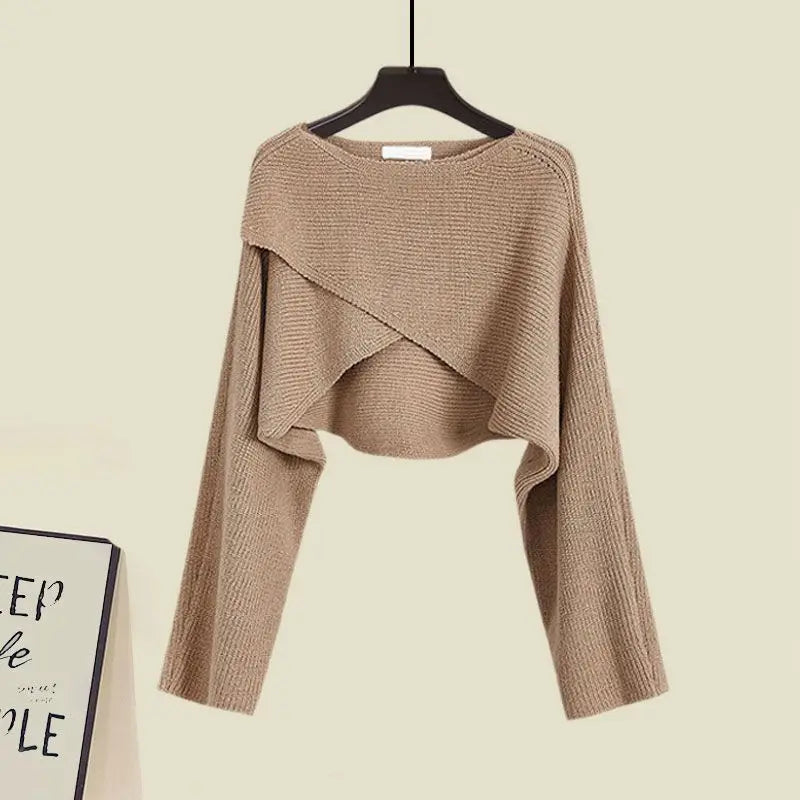Autumn Short Knitted Sweater Suspended Skirt Two Piece Female Clothing Set