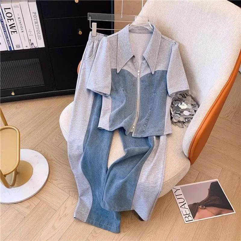 Women's Short SleeveCasual Denim Two-piece set - Premium Sets from Craftklart Dropship - Just $26.70! Shop now at Craftklart.store