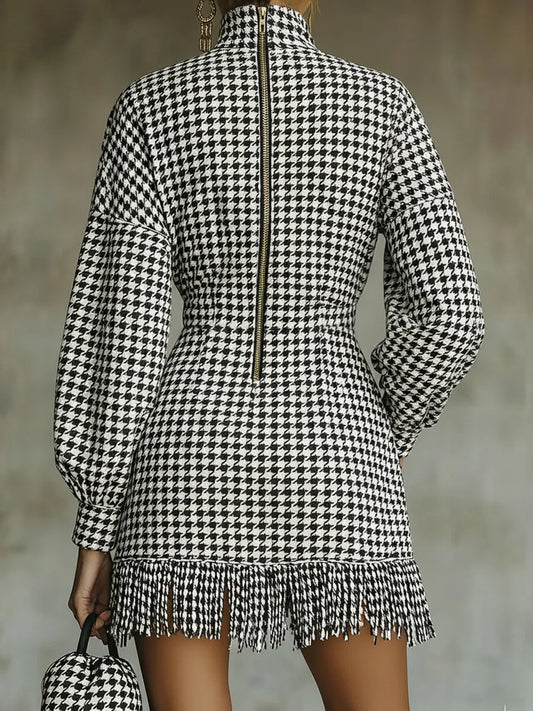 Houndstooth turtleneck mini dress from Urban Fashion & Streetwear, featuring a fitted silhouette and classic pattern.