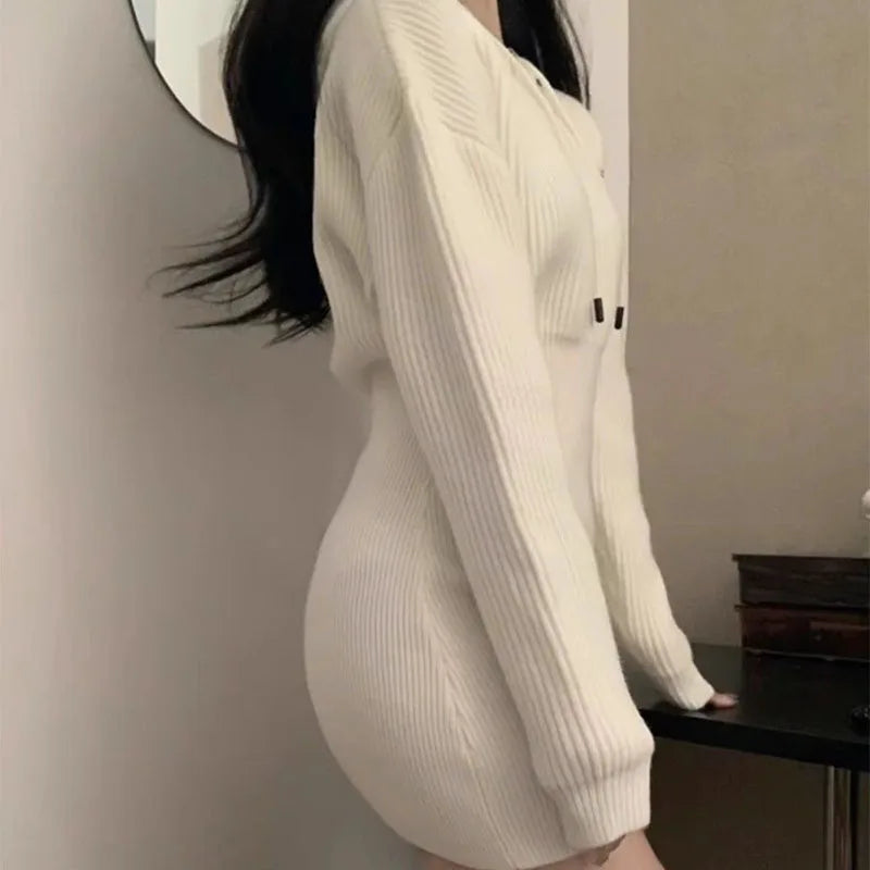 Woman White Knit Korean Elastic High Waist Mini Dresses