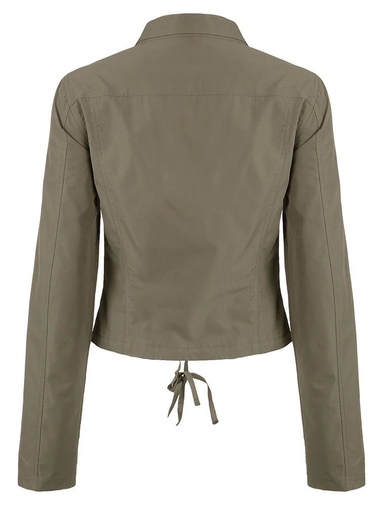 Women Zip Up Stand Collar Cargo Jacket
