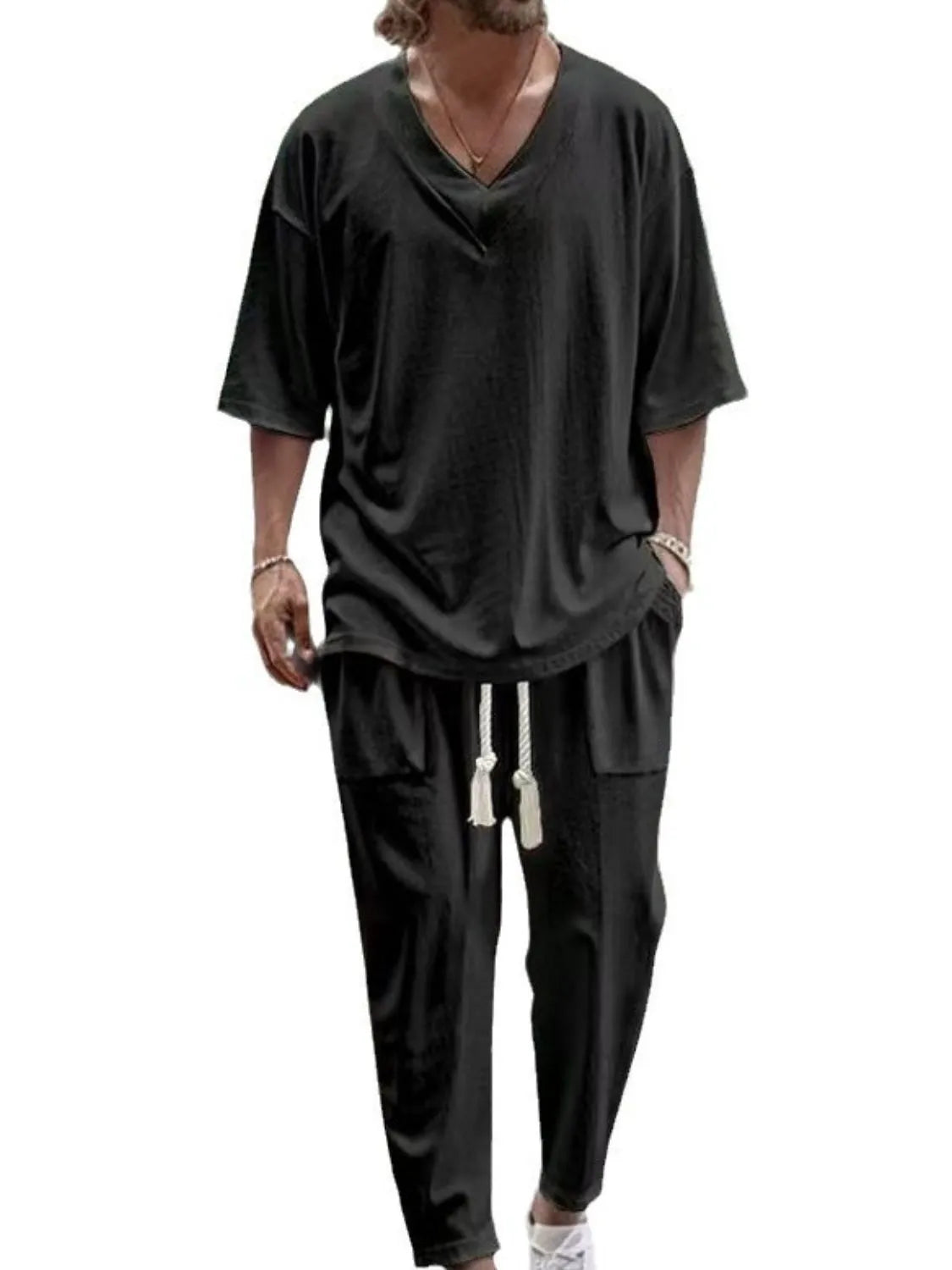 Men's V-Neck Half Sleeve Top and Pants Set - Premium from Trendsi - Just $23.01! Shop now at Craftklart.store