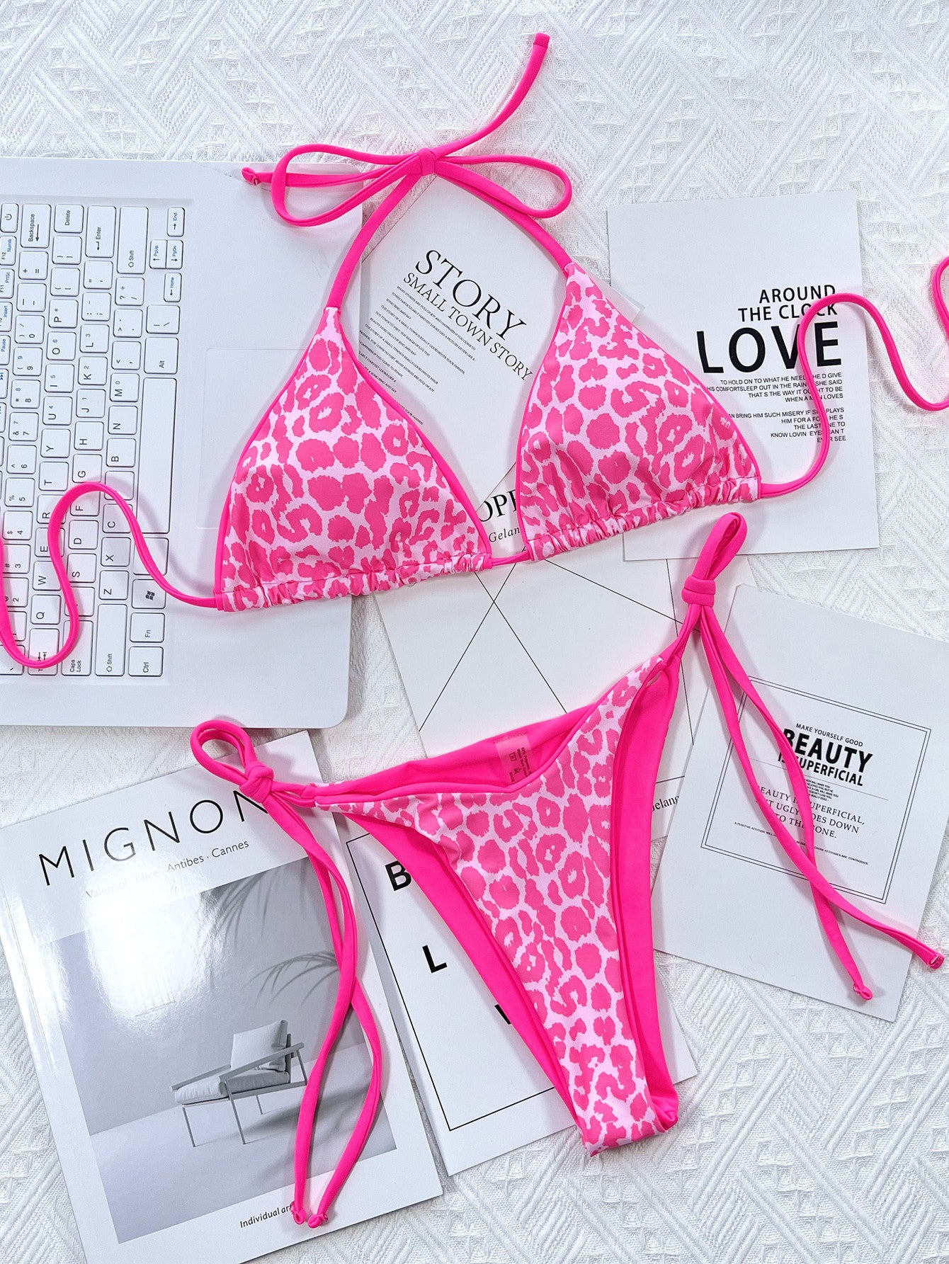 Leopard Print Halter Neck Tie Side Bikini Set - Premium Bikini from Trendsi - Just $18.25! Shop now at Craftklart.store