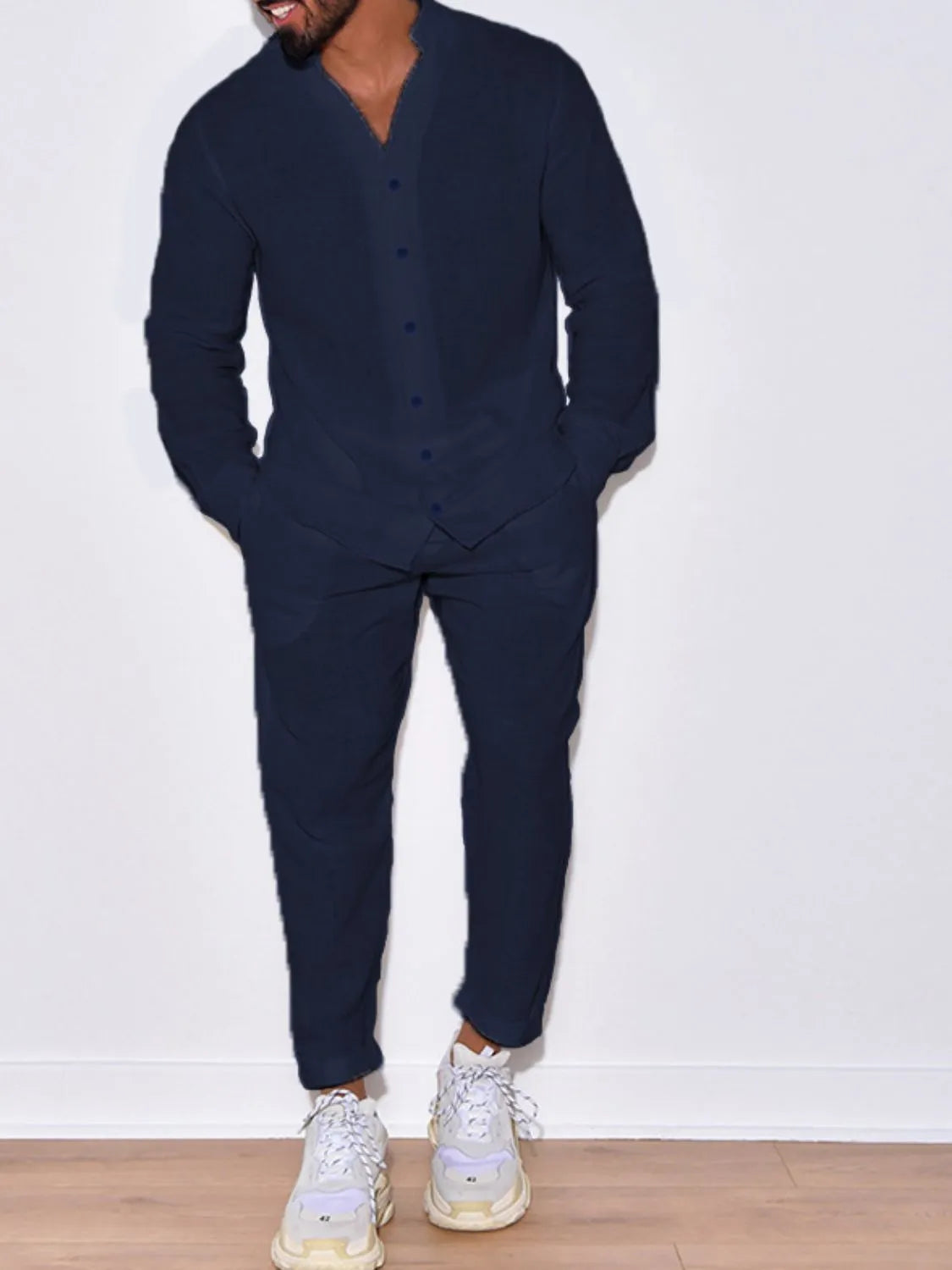 Men's Button Up Long Sleeve Top and Pants Set - Premium Pants from Trendsi - Just $24.57! Shop now at Craftklart.store