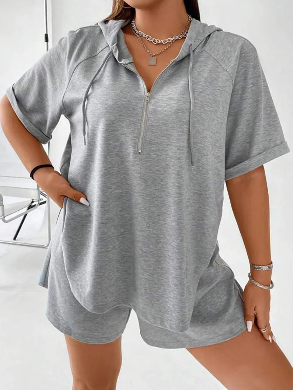 Full Size Drawstring Half Zip Hooded Top and Shorts Set Plus Size - Premium Hoodie from Trendsi - Just $19.99! Shop now at Craftklart.store