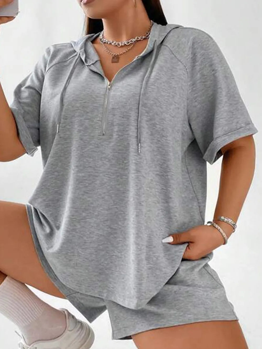 Full Size Drawstring Half Zip Hooded Top and Shorts Set Plus Size - Premium Hoodie from Trendsi - Just $19.99! Shop now at Craftklart.store