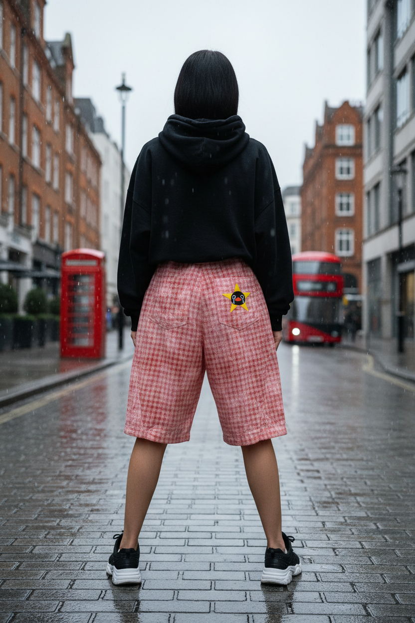Vintage plaid loose shorts by ODMPOD featuring a relaxed fit and classic tartan pattern, displayed on a neutral background.
