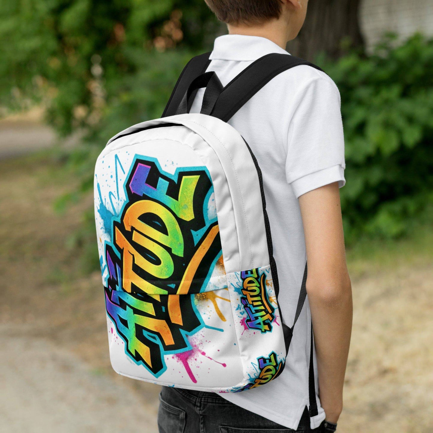 White Craftklart.store Attitude Backpack with all-over print design, featuring multiple compartments and adjustable straps.