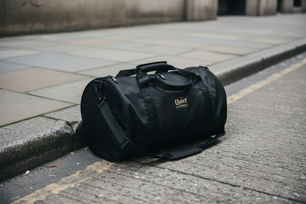 White Craftklart Quiet Authority gym bag with all-over print, showing the right front view of the stylish, spacious sports bag.