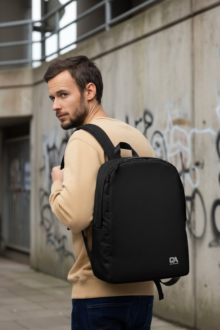 White Craftklart minimalist urban backpack by Printify, water-resistant bag with all-over print, shown from right front angle.
