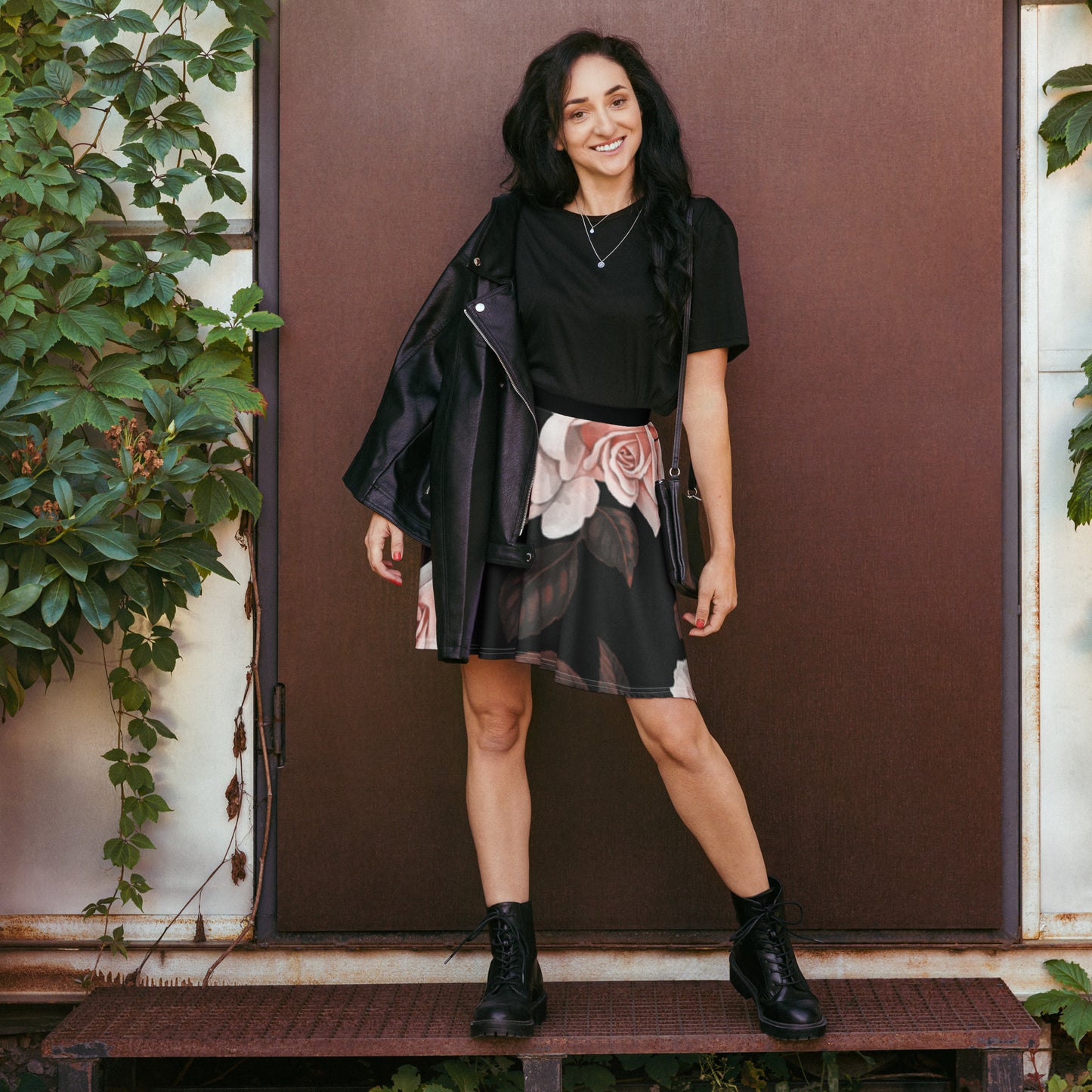 Black & Pink Rose Skater Skirt - Premium Skirt from Craftklart.store - Just $23.50! Shop now at Craftklart.store
