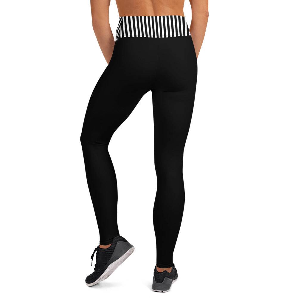 Black yoga leggings with all-over white print, designed for comfort and flexibility by Craftklart.store.