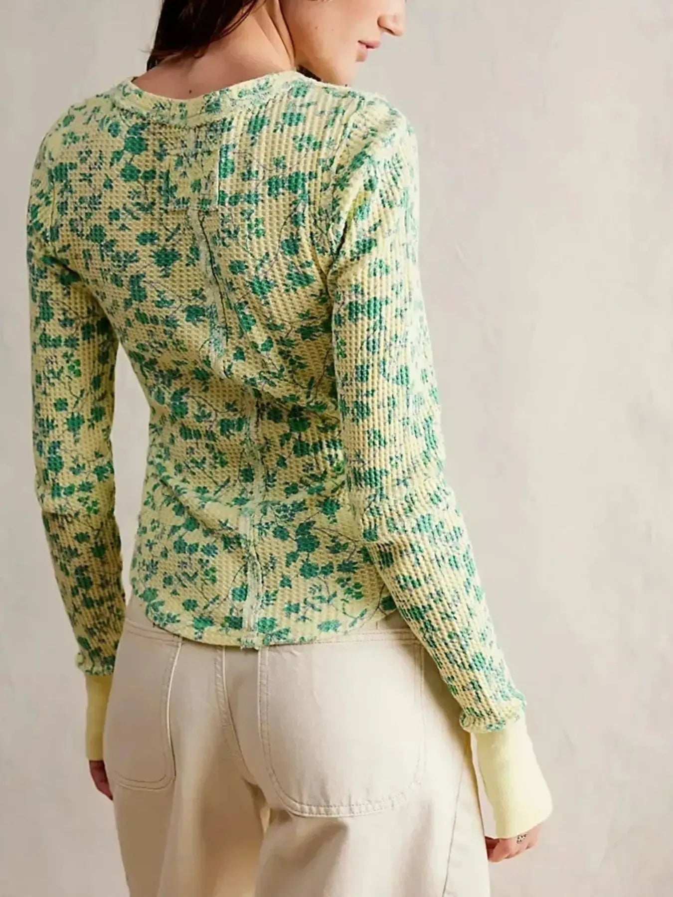 Floral Print Waffle Knit Top - Premium Jumper from Trendsi - Just $24.68! Shop now at Craftklart.store