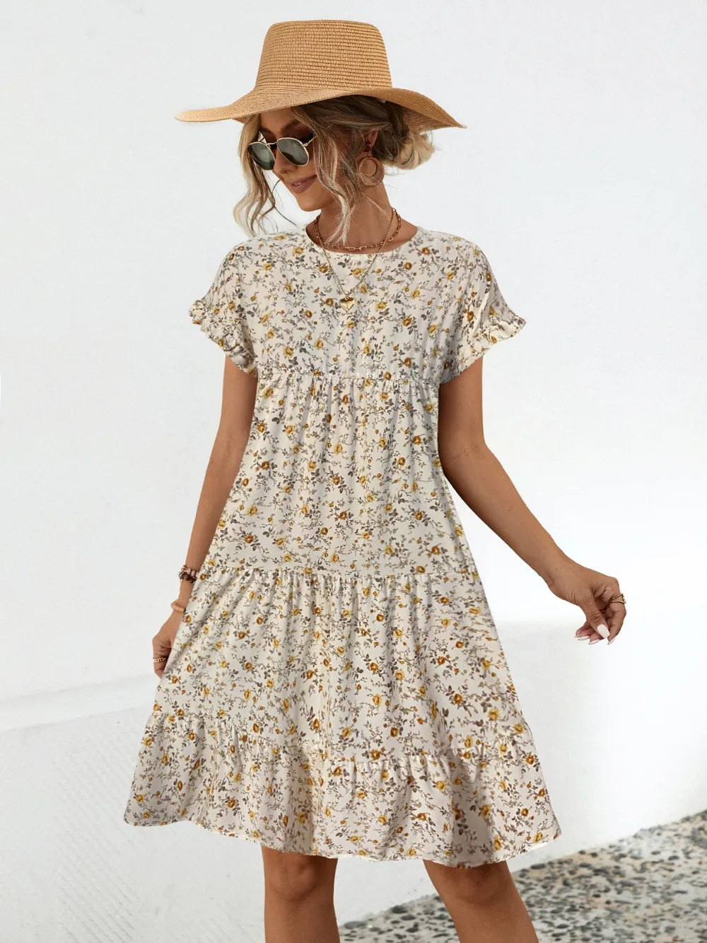 Frill Floral Round Neck Short Sleeve Tiered Dress - Premium Dress from Trendsi - Just $19.46! Shop now at Craftklart.store